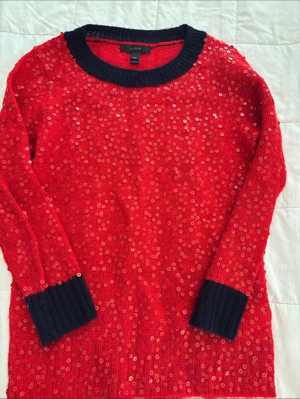 J. Crew Red Sequin Crewneck Sweater with Black Trim xxs mohair